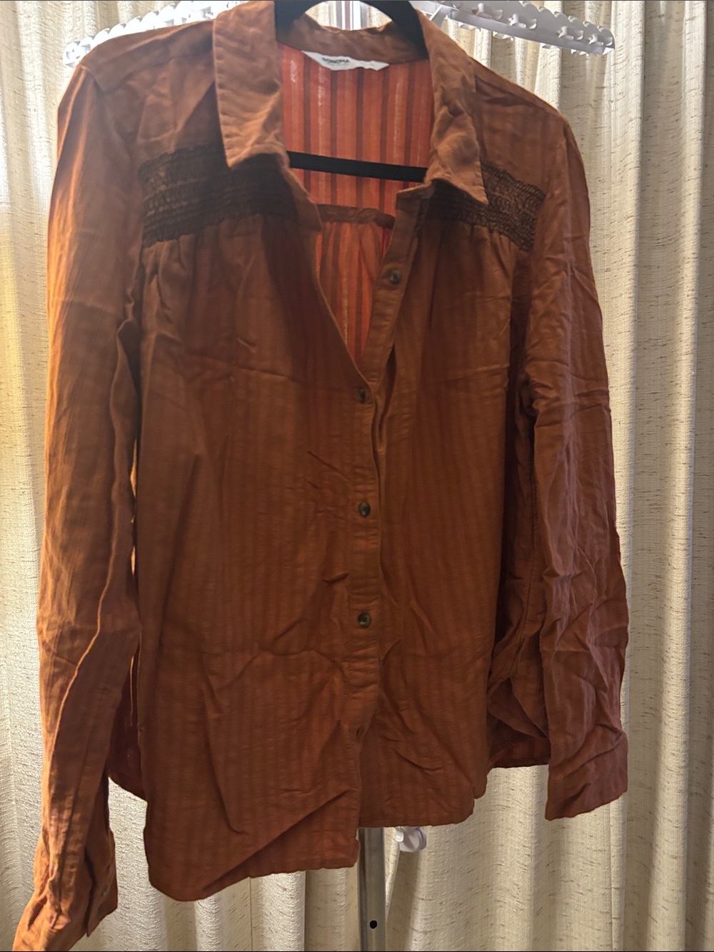 Rust Button-Up Over-sized Shirt with Subtle Stripe Detail